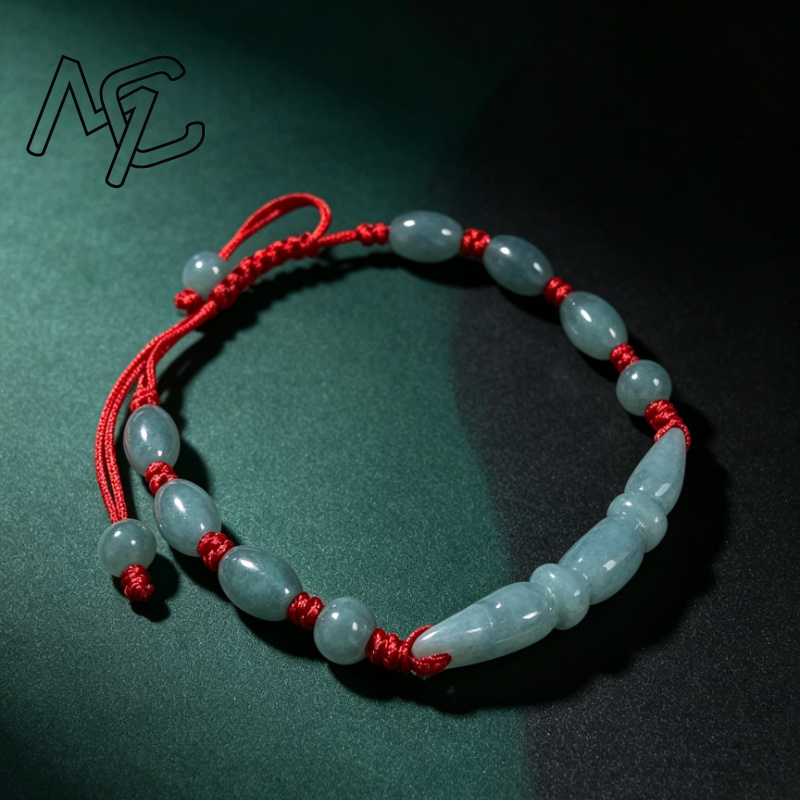 Bracelets - หยกน้ำสีน้ำเงินธรรมชาติ มรกตพม่า ลูกปัดรูปโคนรากบัว สร้อยข้อมือ DIY เครื่องประดับถักมือทรงกลม
